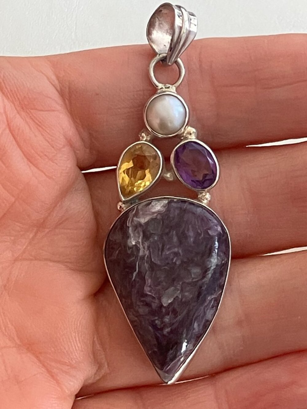925 Sterling Silver Russian Charoite, citrine, amethyst, and pearl pendant